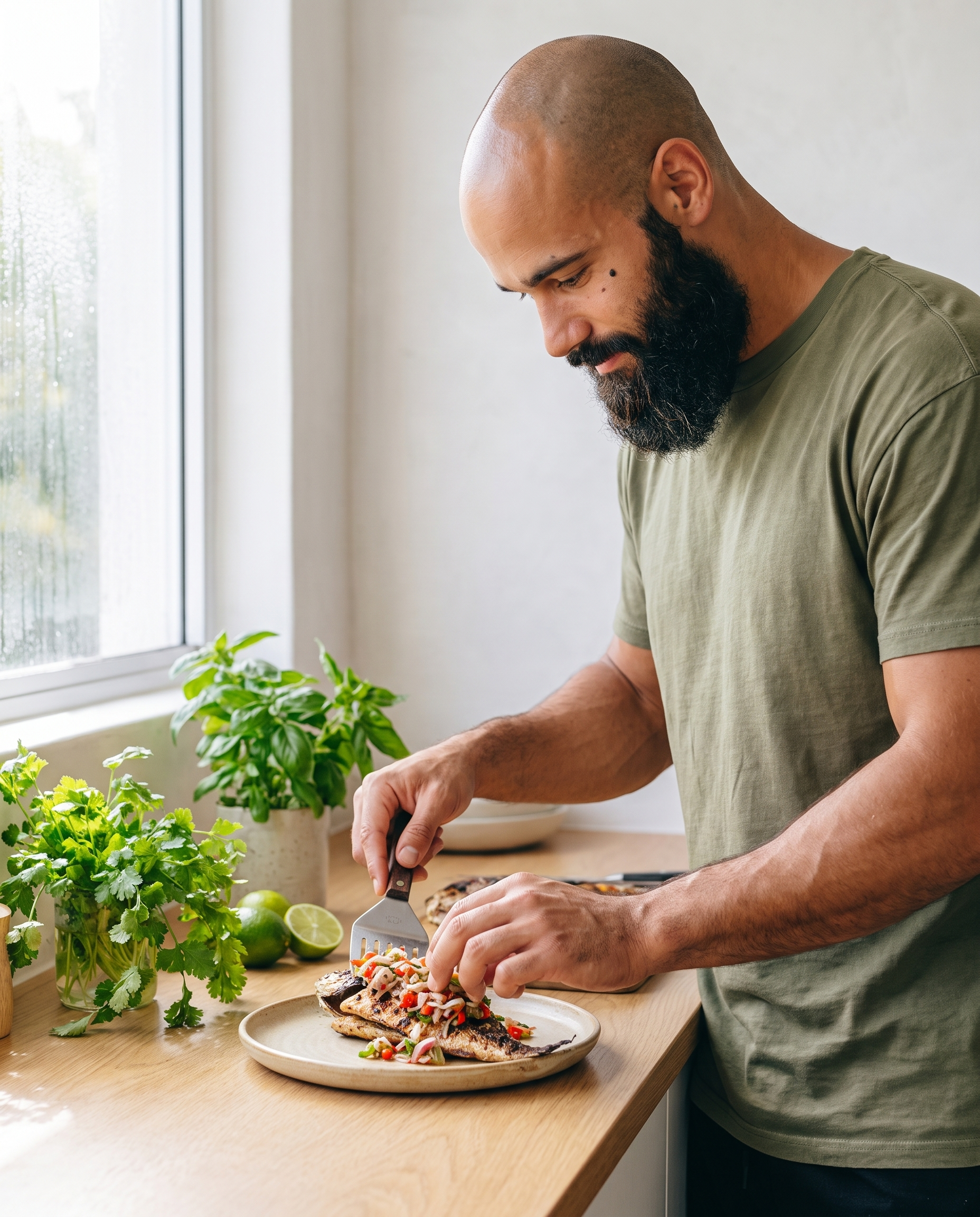 Adur plating grilled fish with sambal matah in his kitchen