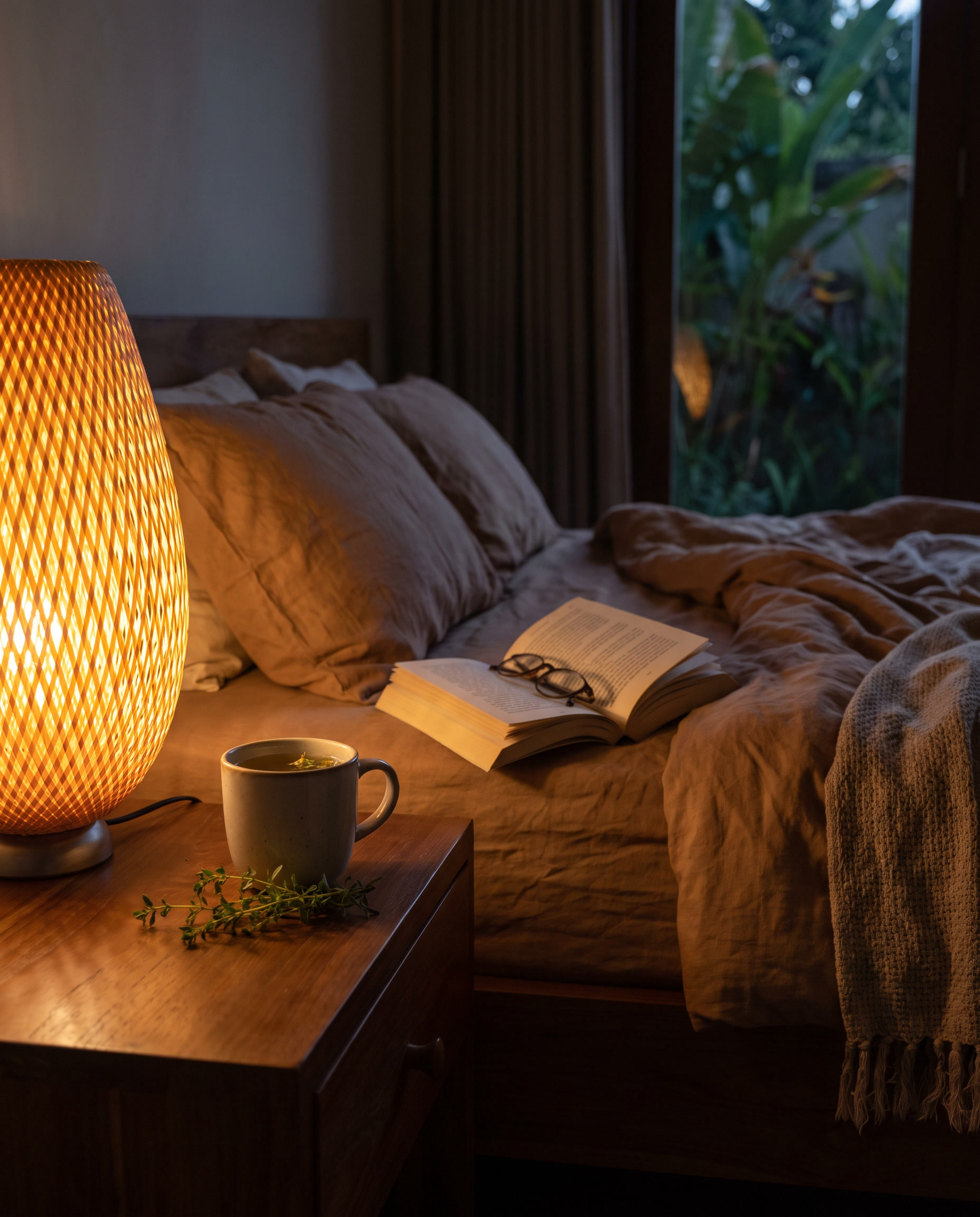 Herbal tea and a book by a dim bedside lamp