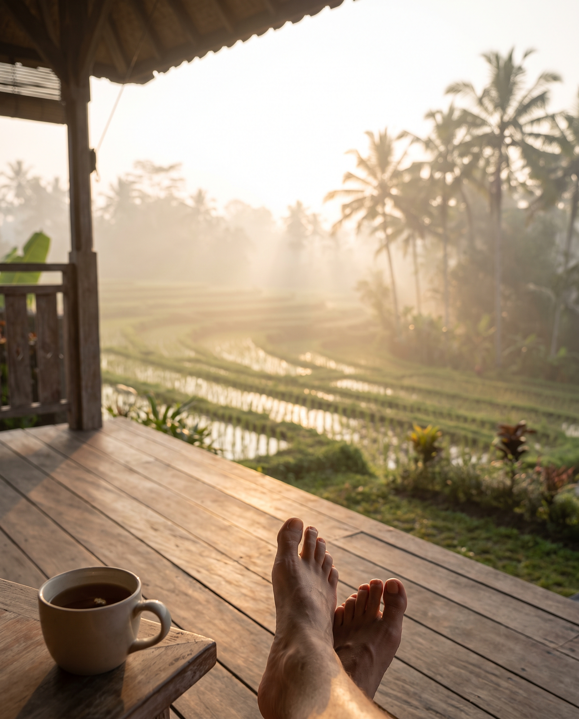 Sunrise over a Bali rice terrace from a wooden deck
