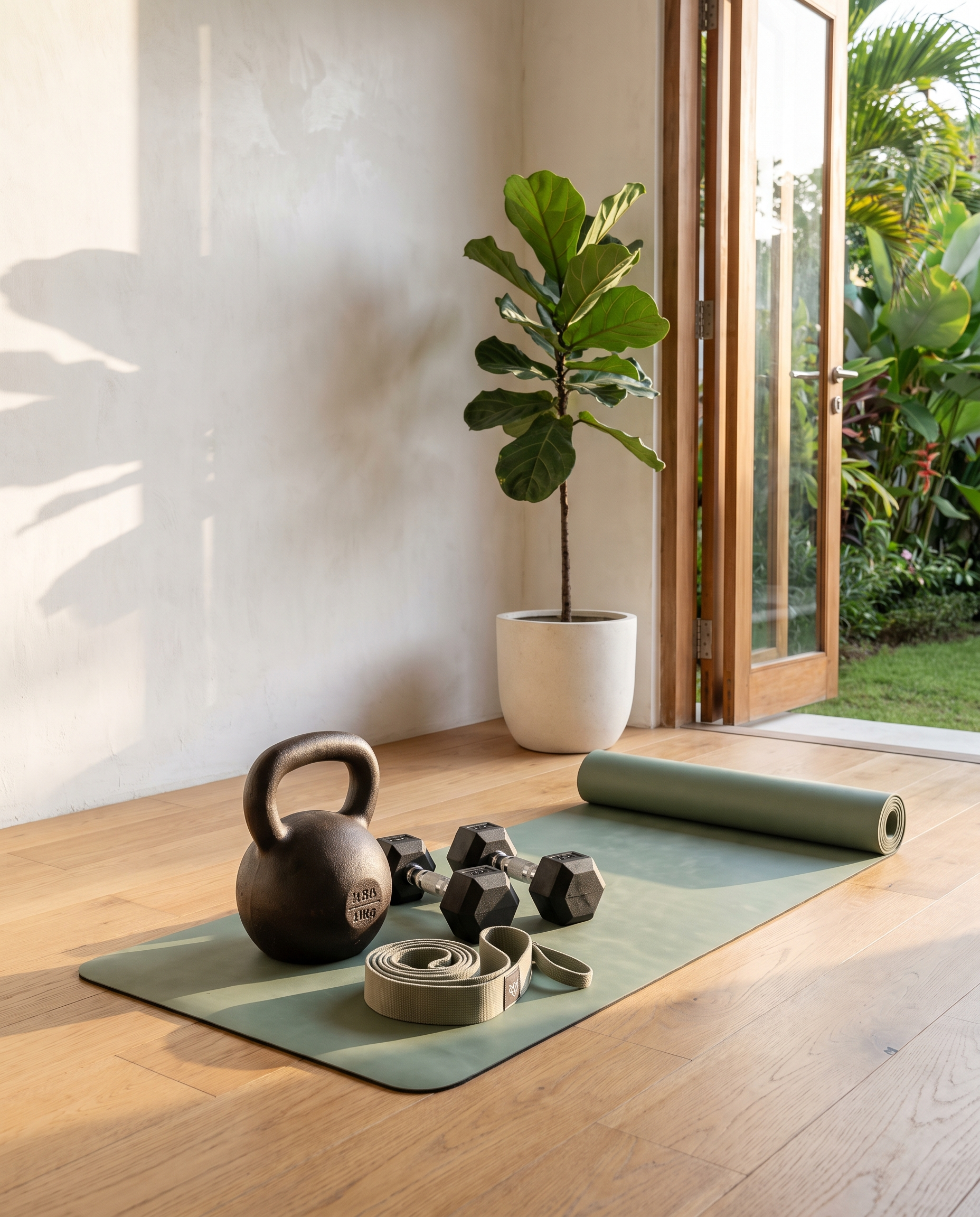 Kettlebell, dumbbells and bands on a yoga mat in a sunny home gym
