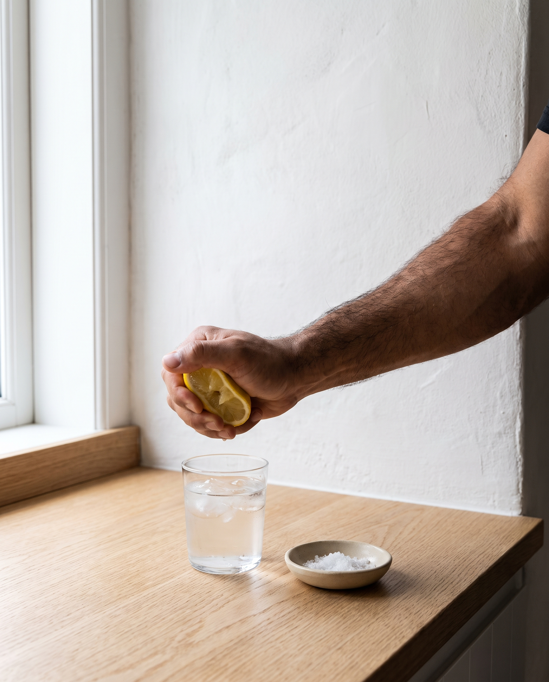 Squeezing lemon into a glass of water in the kitchen